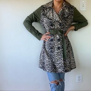 Upcycled cheetah green cargo trench coat